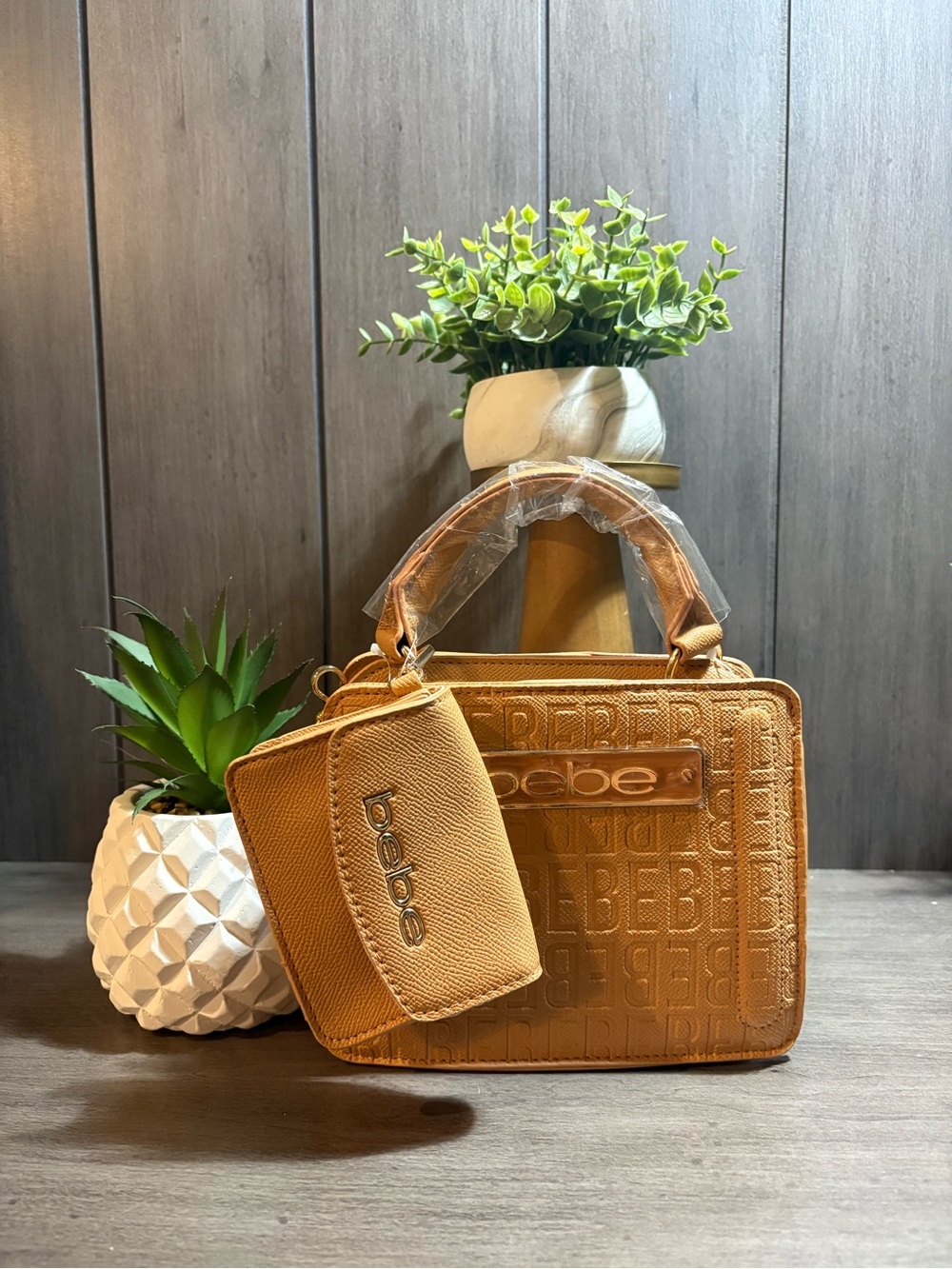 bebe Tan Embossed Logo Satchel with Matching Card Case